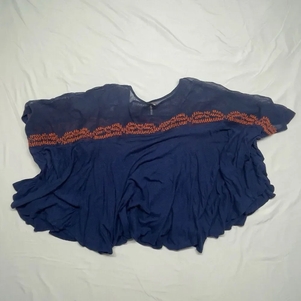 Free People MEDIUM Love Letter Embroidered Oversized Poncho Top Navy Blue Boho
